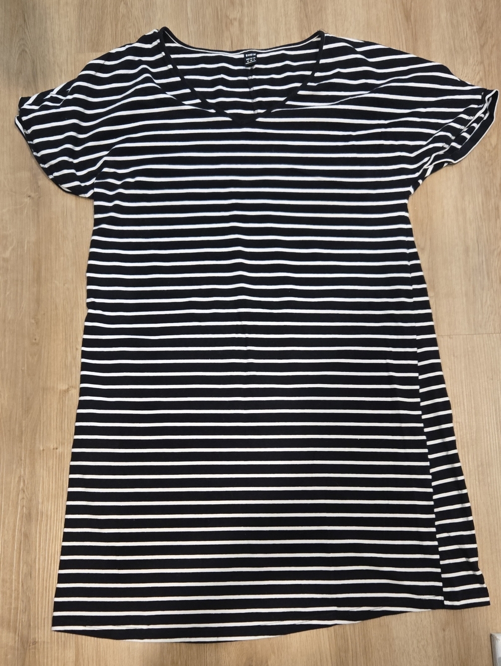 SHEIN Black and White Striped V-Neck T-Shirt Dress